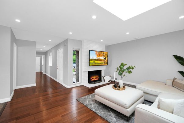 Fireplace, Interior, Living room, Recessed Lighting, Wood Texture Flooring