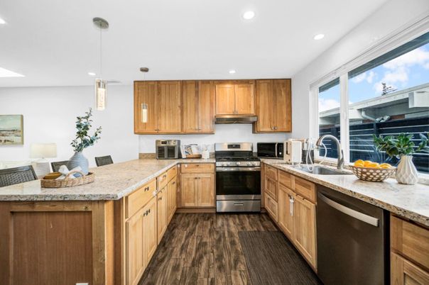 Interior, Kitchen, Pendant Lights, Recessed Lighting, Stainless Steel Appliances, Wood Texture Flooring