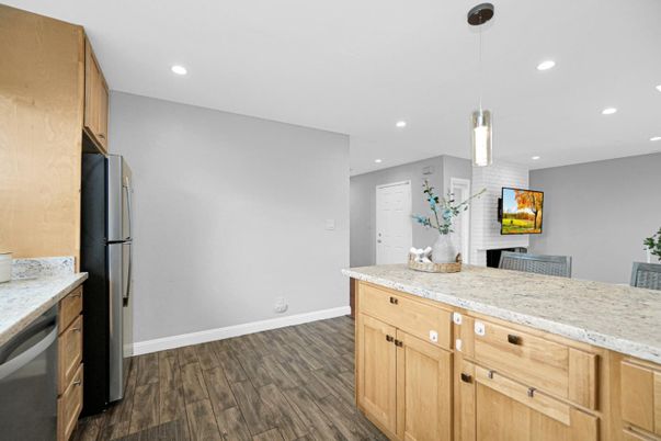 Interior, Kitchen, Pendant Lights, Recessed Lighting, Wood Texture Flooring