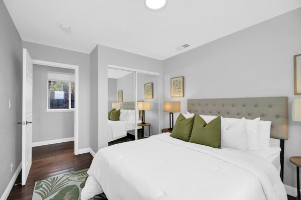 Bedroom, Interior, Recessed Lighting, Wood Texture Flooring