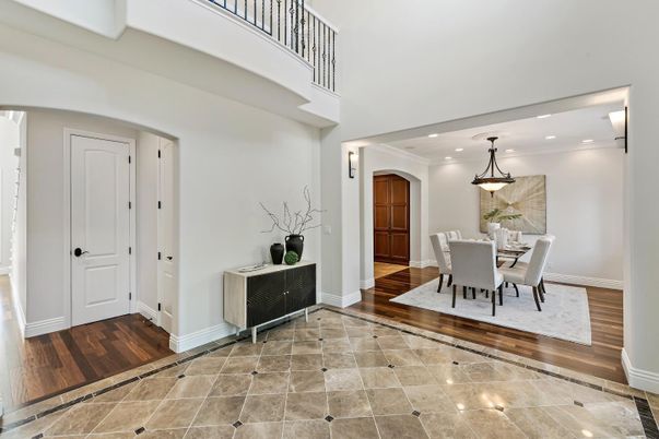 Dining room, Interior, Pendant Lights, Recessed Lighting, Wood Texture Flooring