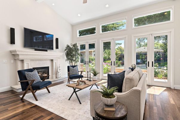Fireplace, Interior, Living room, Recessed Lighting, Wood Texture Flooring