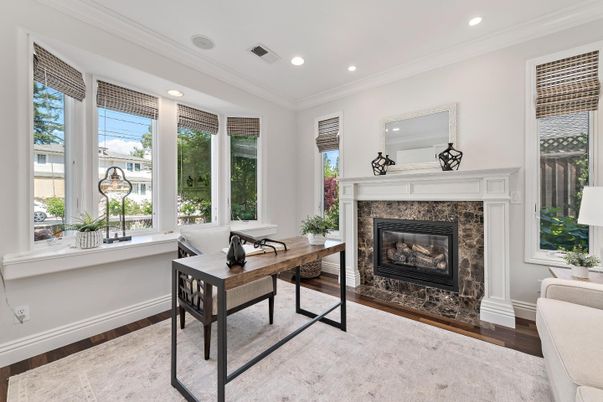 Fireplace, Home Office, Interior, Recessed Lighting, Wood Texture Flooring