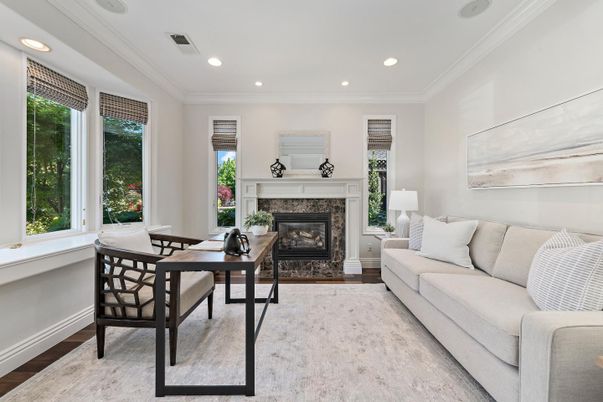Fireplace, Home Office, Interior, Living room, Recessed Lighting, Wood Texture Flooring