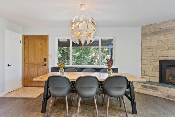 Dining room, Fireplace, Interior, Stone Walls, Wood Texture Flooring