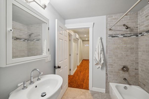 Bathroom, Interior, Recessed Lighting, Stone Walls, Wood Texture Flooring