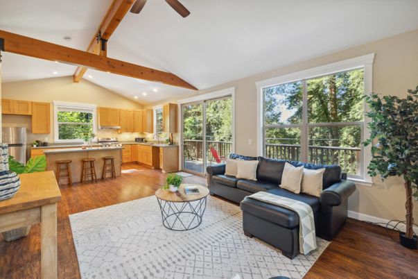 Interior, Kitchen, Living room, Recessed Lighting, Stainless Steel Appliances, Wooden Beams, Wood Texture Flooring
