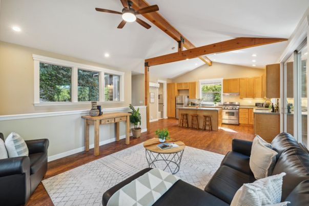 Interior, Kitchen, Living room, Recessed Lighting, Stainless Steel Appliances, Wooden Beams, Wood Texture Flooring