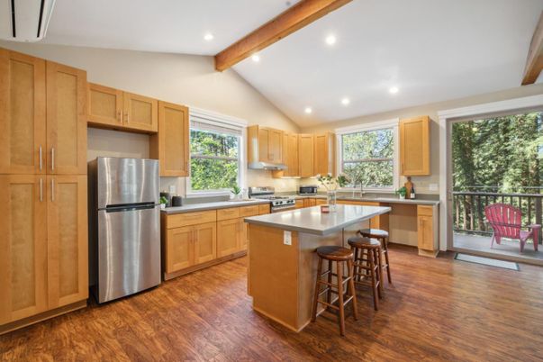 Interior, Kitchen, Recessed Lighting, Stainless Steel Appliances, Wooden Beams, Wood Texture Flooring