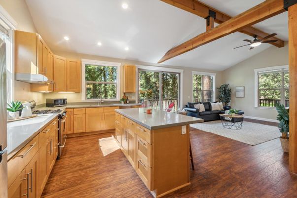 Interior, Kitchen, Living room, Recessed Lighting, Wooden Beams, Wood Texture Flooring