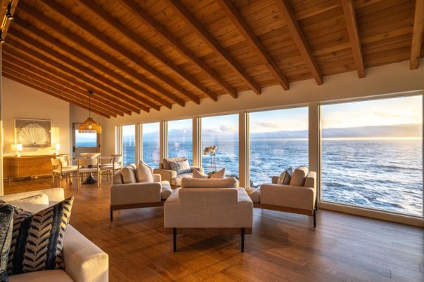 Dining room, Interior, Living room, Pendant Lights, Water, Wooden Beams, Wooden Ceilings, Wood Texture Flooring