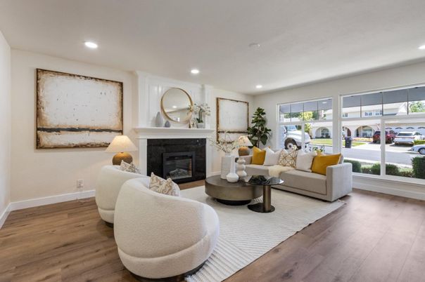 Fireplace, Interior, Living room, Recessed Lighting, Wood Texture Flooring