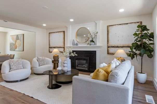 Fireplace, Interior, Living room, Recessed Lighting, Wood Texture Flooring