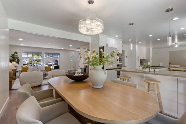 Chandelier, Dining room, Interior, Kitchen, Living room, Pendant Lights, Recessed Lighting, Wood Texture Flooring