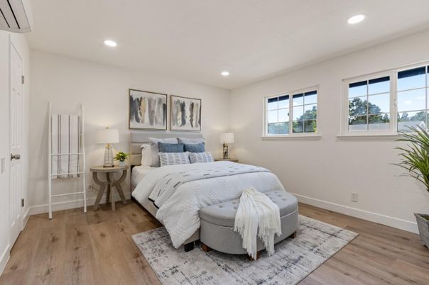 Bedroom, Interior, Recessed Lighting, Wood Texture Flooring