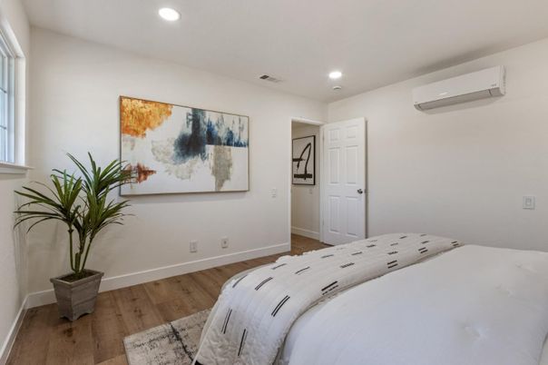 Bedroom, Interior, Recessed Lighting, Wood Texture Flooring