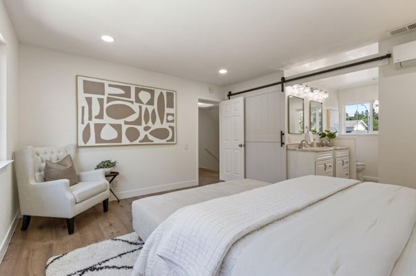 Bedroom, Chandelier, Interior, Recessed Lighting, Wood Texture Flooring