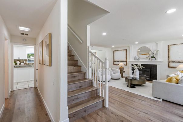 Fireplace, Interior, Living room, Recessed Lighting, Wood Texture Flooring