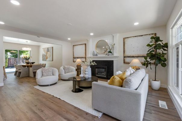 Dining room, Fireplace, Interior, Living room, Pendant Lights, Recessed Lighting, Wood Texture Flooring