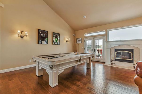 Billiard Table, Fireplace, Game Room, Interior, Wood Texture Flooring