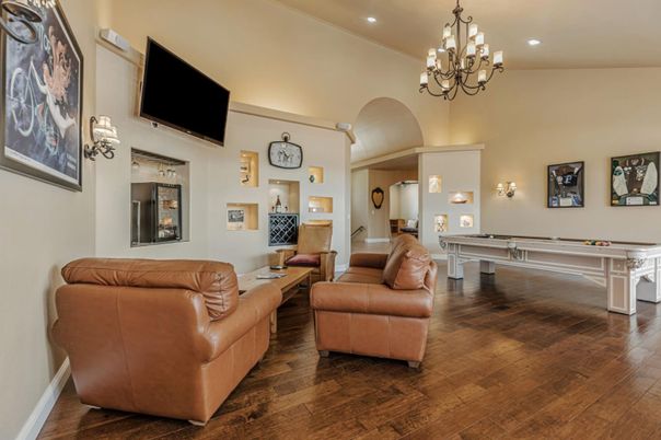 Billiard Table, Chandelier, Game Room, Interior, Living room, Recessed Lighting, Wood Texture Flooring