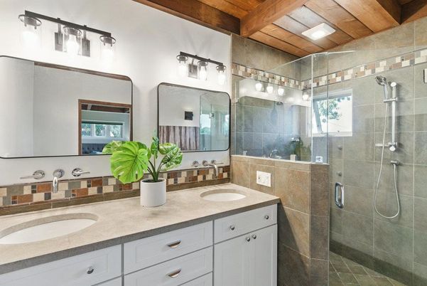 Bathroom, Dual Sink Vanities, Glass Shower, Interior, Wooden Beams, Wooden Ceilings