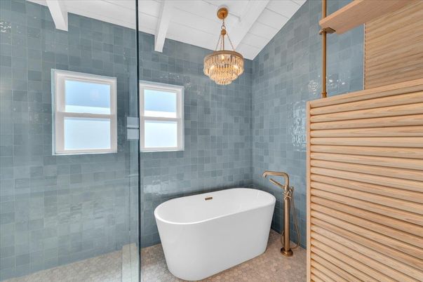 Bathroom, Chandelier, Free Standing Baths, Glass Shower, Interior, Pendant Lights