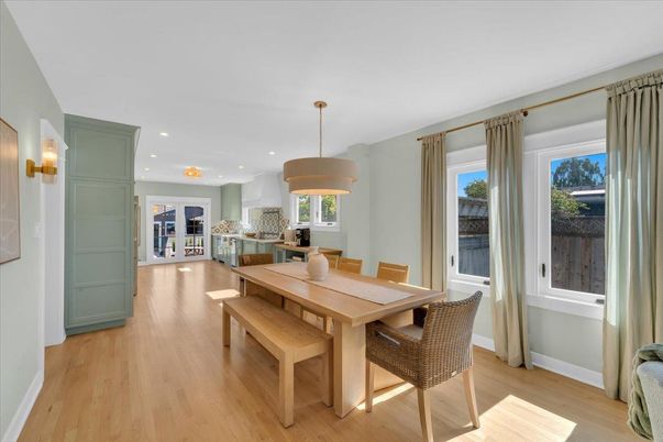 Dining room, Interior, Pendant Lights, Recessed Lighting, Wood Texture Flooring
