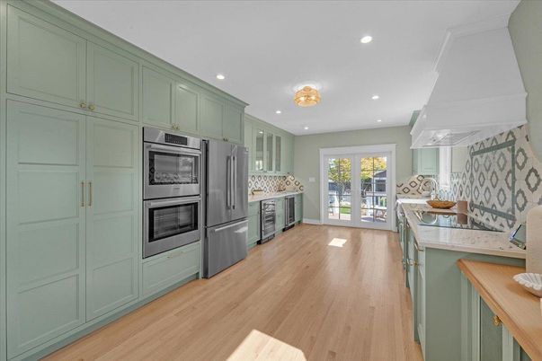 Chandelier, Interior, Kitchen, Recessed Lighting, Stainless Steel Appliances, Wood Texture Flooring