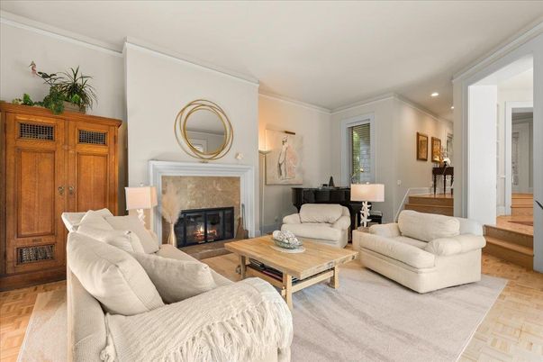 Fireplace, Interior, Living room, Piano, Recessed Lighting, Wood Texture Flooring