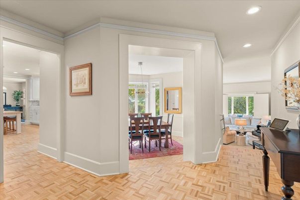 Dining room, Interior, Pendant Lights, Recessed Lighting, Wood Texture Flooring