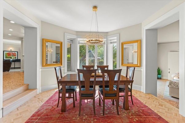 Chandelier, Dining room, Interior, Pendant Lights, Recessed Lighting, Wood Texture Flooring