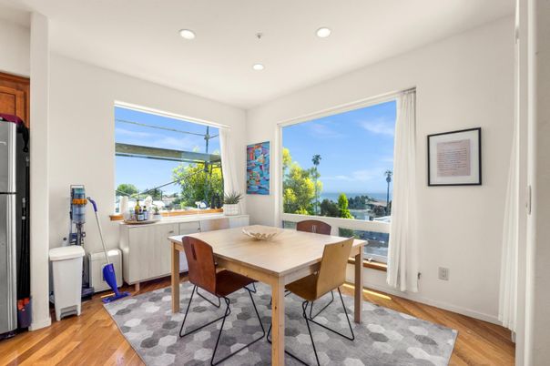 Dining room, Interior, Recessed Lighting, Wood Texture Flooring