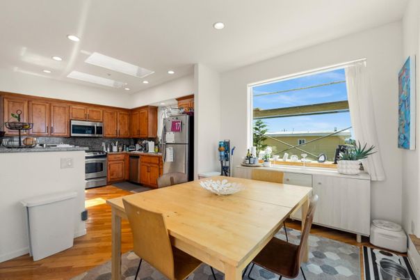 Dining room, Interior, Kitchen, Recessed Lighting, Stainless Steel Appliances, Wood Texture Flooring