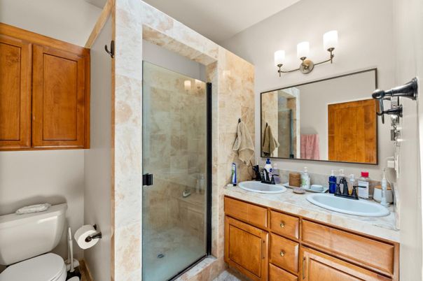 Bathroom, Dual Sink Vanities, Glass Shower, Interior, Tile Countertops