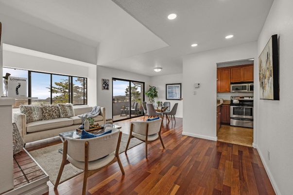 Dining room, Interior, Kitchen, Living room, Recessed Lighting, Stainless Steel Appliances, Wood Texture Flooring