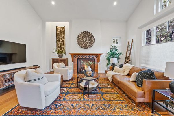 Fireplace, Interior, Living room, Recessed Lighting, Wood Texture Flooring