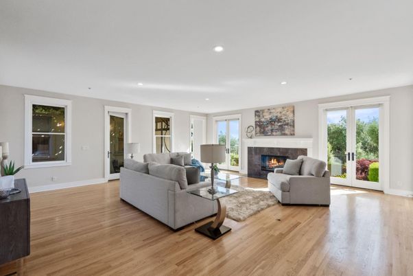 Fireplace, Interior, Living room, Recessed Lighting, Wood Texture Flooring