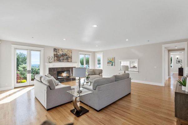 Fireplace, Interior, Living room, Recessed Lighting, Wood Texture Flooring