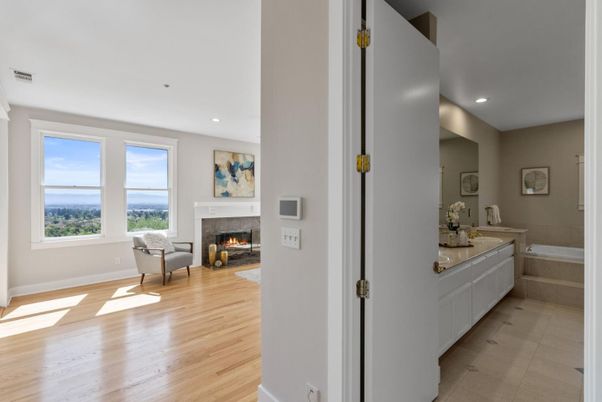Bathroom, Fireplace, Interior, Recessed Lighting, Wood Texture Flooring