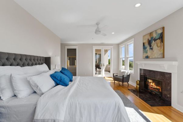 Bedroom, Fireplace, Interior, Recessed Lighting, Wood Texture Flooring