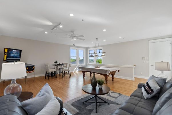 Billiard Table, Dining room, Game Room, Interior, Living room, Pendant Lights, Recessed Lighting, Wood Texture Flooring
