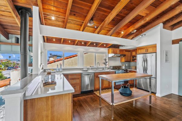 Interior, Kitchen, Recessed Lighting, Stainless Steel Appliances, Wooden Beams, Wooden Ceilings, Wood Texture Flooring