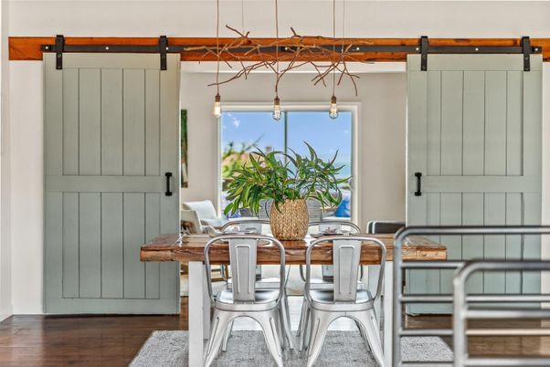 Dining room, Interior, Pendant Lights, Wood Texture Flooring