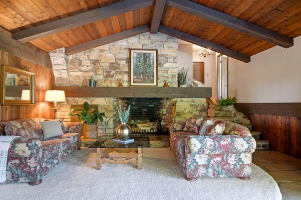 Chandelier, Fireplace, Interior, Living room, Stone Walls, Wooden Beams, Wooden Ceilings