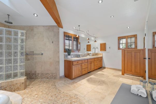 Bathroom, Dual Sink Vanities, Interior, Pendant Lights, Recessed Lighting, Wooden Beams