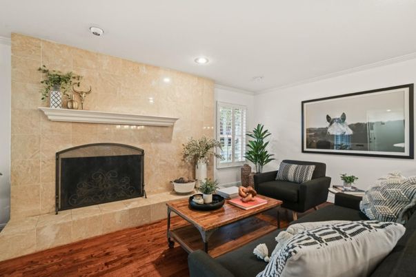 Fireplace, Interior, Living room, Recessed Lighting, Wood Texture Flooring