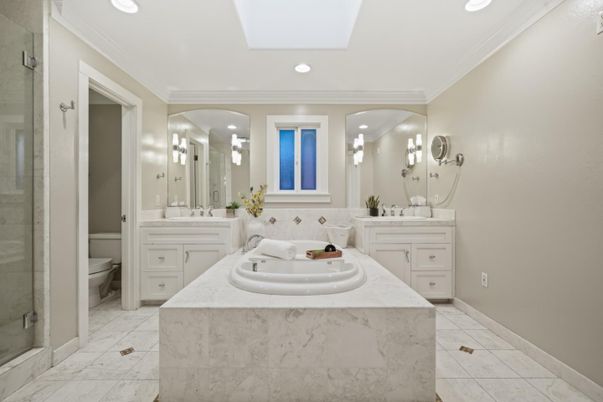 Bathroom, Dual Sink Vanities, Glass Shower, Interior, Marble, Recessed Lighting