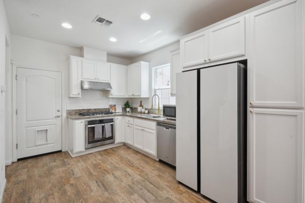 Interior, Kitchen, Recessed Lighting, Stainless Steel Appliances, Wood Texture Flooring