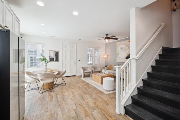 Dining room, Interior, Living room, Recessed Lighting, Wood Texture Flooring